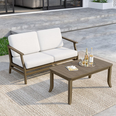 Ensemble de patio extérieur en teck pour deux personnes avec coussins et table d'appoint Polett