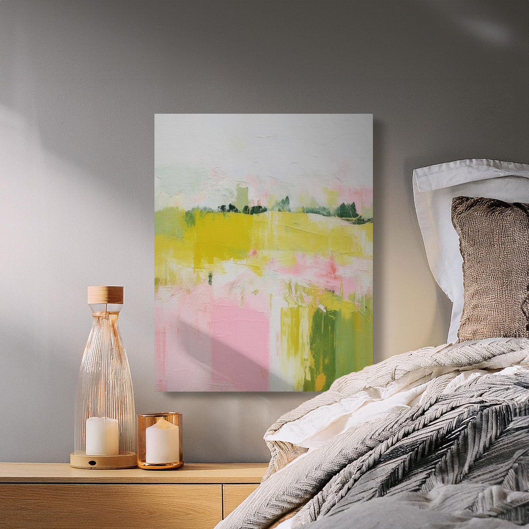Abstract Landscape Canvas Wall Art, Modern Farmhouse Decor, Gallery Wrapped, Ready to Hang, Archival Quality, Pink Yellow Green, Statement