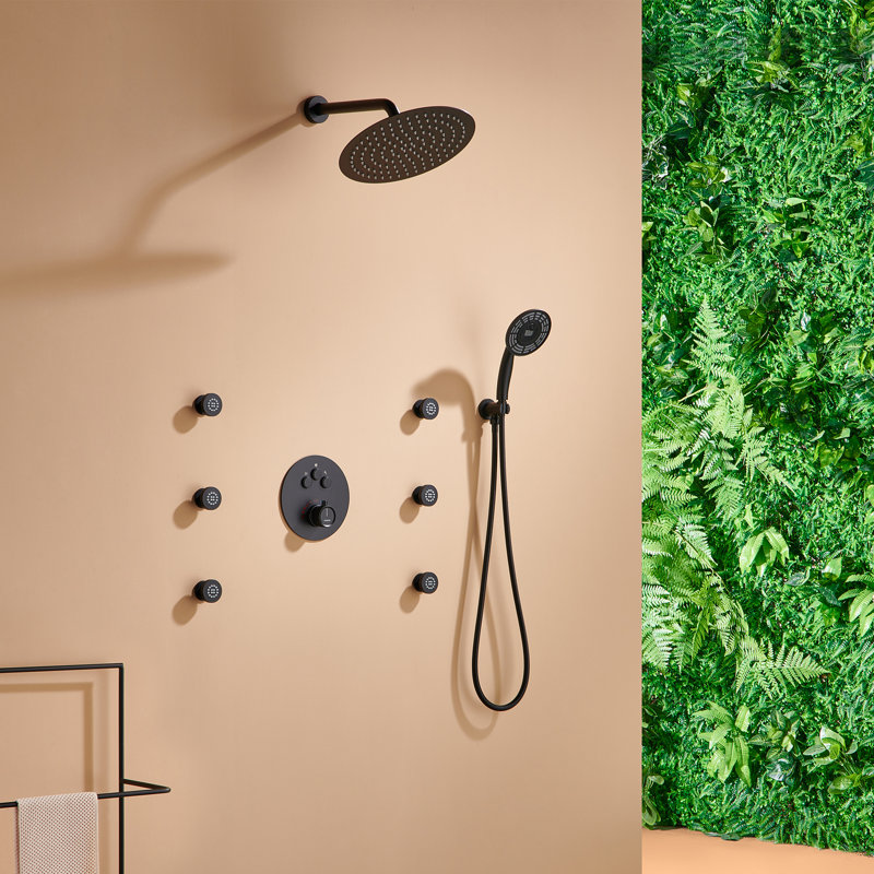 Thermostatic Rainfall Shower System with Rough in-Valve and Digital Display Handheld, Matte Black