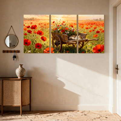 Assortiment de bouquets de coquelicots, coucher de soleil, chat, coucher de soleil, ensemble de 3 impressions sur toile