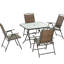 Table de salle à manger et chaises brun foncé, pliable et pliable compatible avec parasol, 5 trous, table en verre trempé