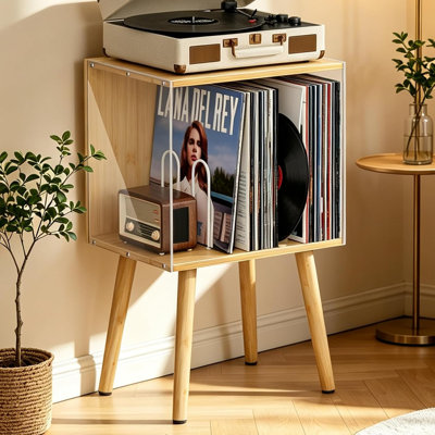 Meuble de rangement pour disques vinyles avec panneaux latéraux en acrylique, support pour platine pouvant contenir plus de 100 vinyles, style années 50, idéal pour le salon, la chambre à coucher et les petits espaces.