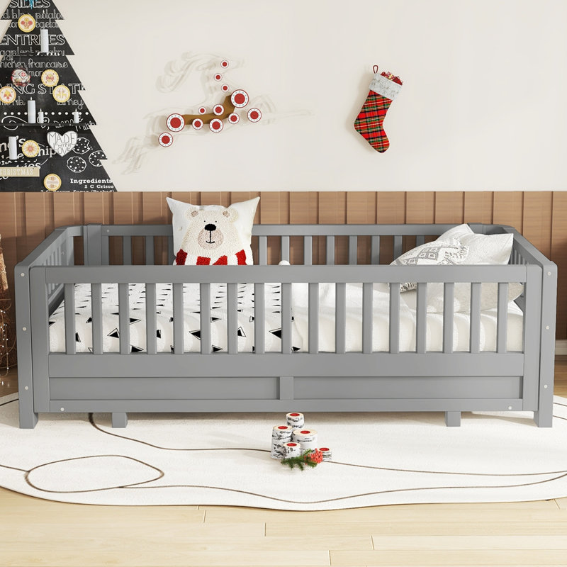 Lit plateforme simple avec garde-corps, structure de lit simple en bois massif, peut être converti en lit plateforme double