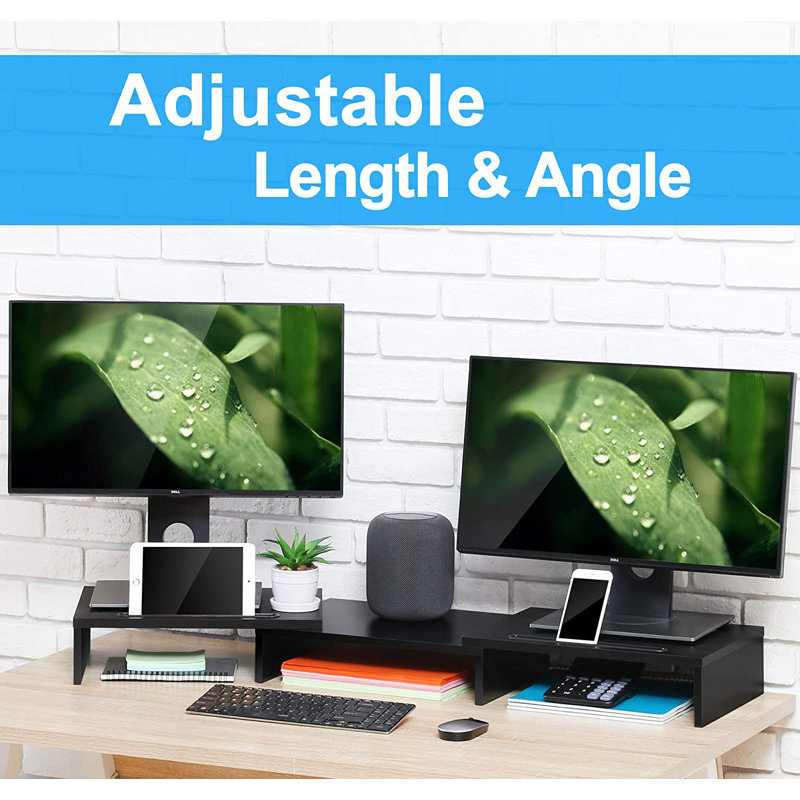 Support pour écran double à 3 tablettes réglables en longueur et en angle, 2 compartiments de rangement fonctionnels supplémentaires pour le bureau à domicile et l'école, noir