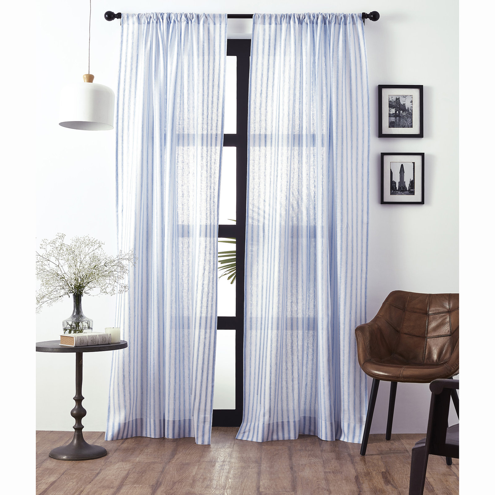 Capri Ticking Stripe Linen Sheer Curtain, 52" W x 108" L, Sky Blue and White
