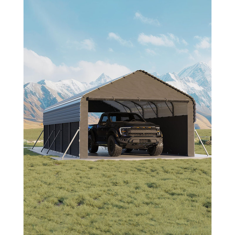 12x24x9 FT Metal Enclosed Carport with Heavy Duty Steel Frame and 220 g Tarp, All-Weather Carport for Full-Size Pickup Trucks, Bass Boats, and Tractors