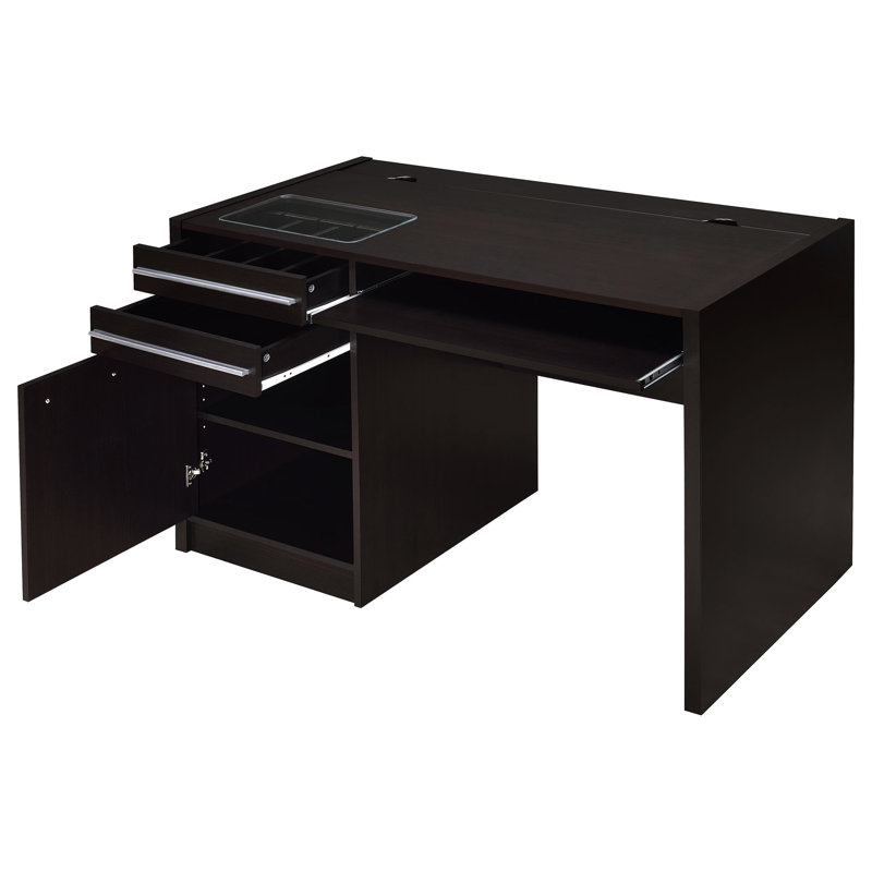 Bureau moderne avec deux tiroirs, un insert transparent et une prise de courant intégrée