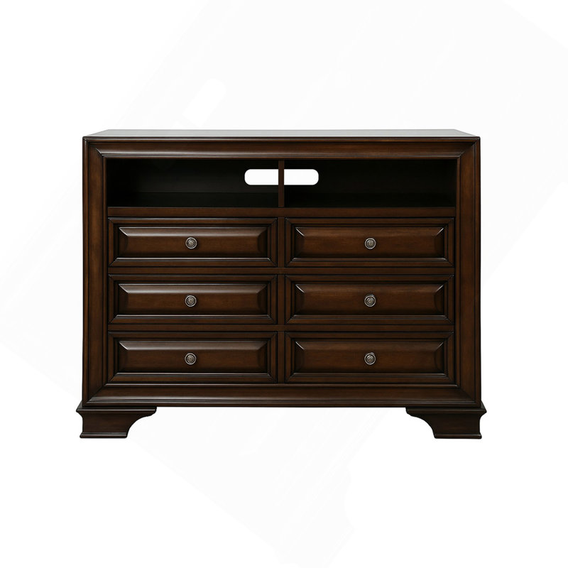 Commode à 6 tiroirs avec rangement ouvert, finition élégante en cerisier brun et fabrication durable pour une vie organisée