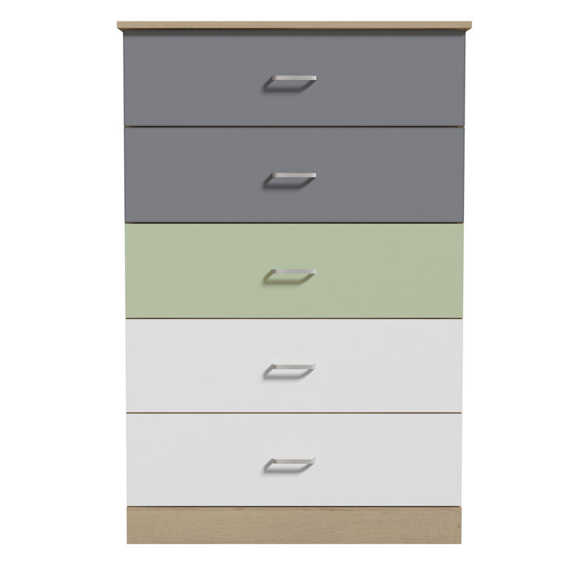 Commode 5 tiroirs Allyannah, Chêne Oslo / vert sauge / blanc / gris froid / ro