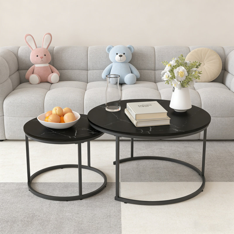 2-Piece Nesting Coffee Table Set, 27.6" Round Marble-Look Side Tables With Sturdy Metal Frame, White