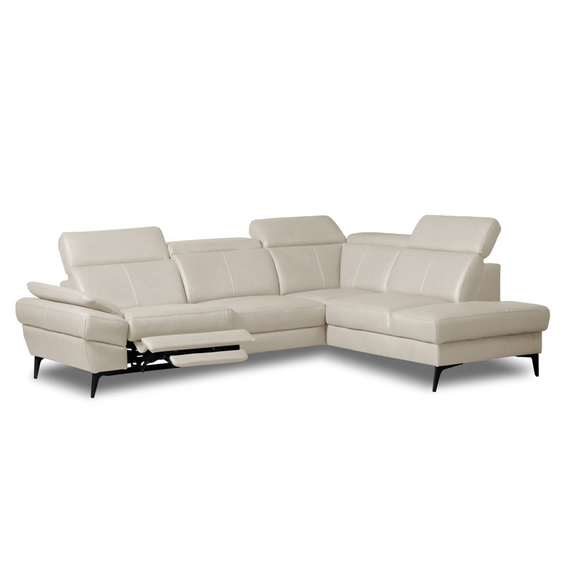 Genuine Leather Reclining Corner Sofa with Adjustable Headrests and Adjustable Armrest and Storage, Cream, Right Hand Facing