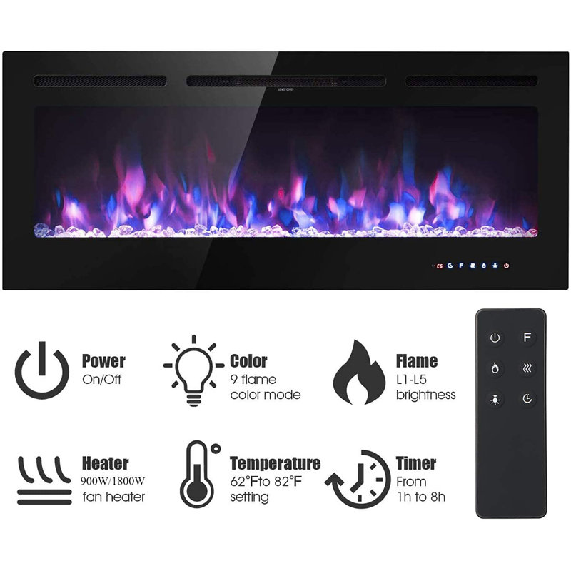 Eul 17 Stories Black Electric Fireplace, 43cm H x 102cm W x 14cm D