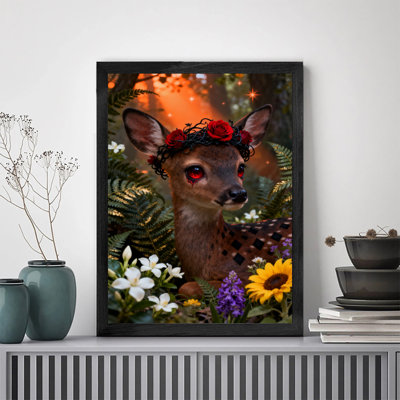 Art encadré noir, cerf aux yeux rouges portant des guirlandes de fleurs dans les forêts