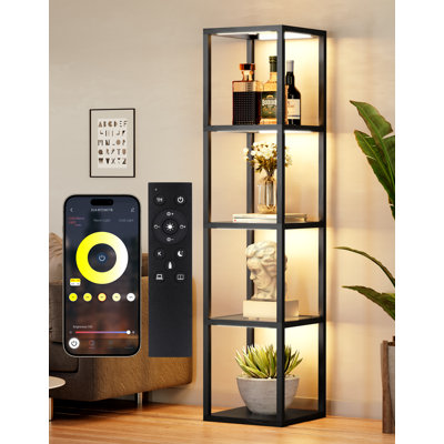 Lampe sur pied à DEL avec étagère ouverte, lampe sur pied en verre avec télécommande / contrôle de température de couleur de l'application (2700K-6000K), gris