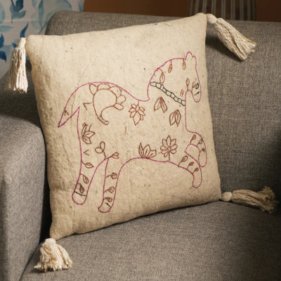 100% Wool Embroidery Cushion Beige, Red-18 X 18 Inch/Throw Pillow