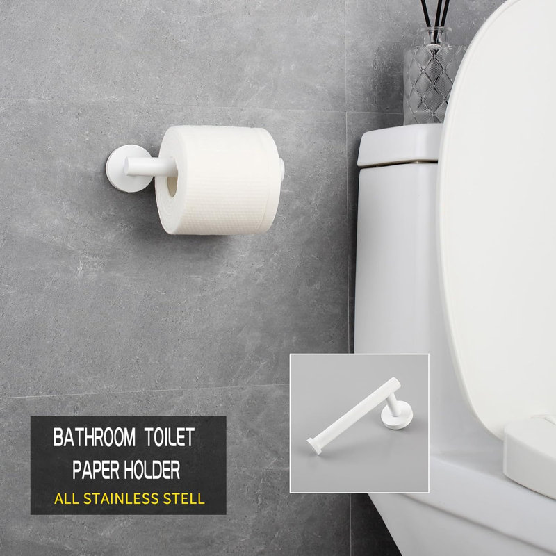 3-Piece Bathroom Hardware Set - Premium SUS 304 Stainless Steel Toilet Paper Holder & 2 Coat Hooks - Modern White Finish With Hidden Mounting Screws