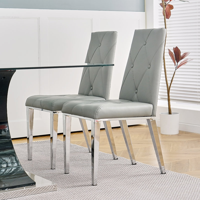 Bryttney 19.5'' H Tufted Faux Leather Upholstered Metal Side Chair, Chrome, Gray
