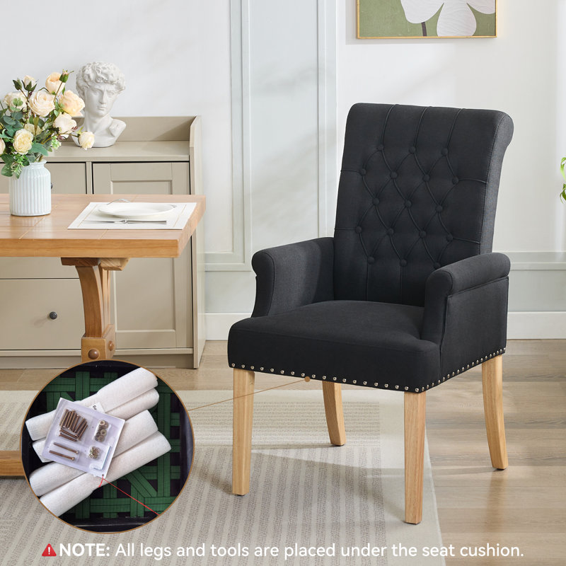 Tufted Upholstered High Back Dining Armchair, Linen, Black Linen