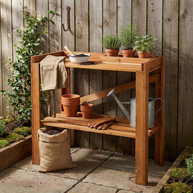 Wax-Treated Potting Table, Brown Workspace with Shelving & Storage
