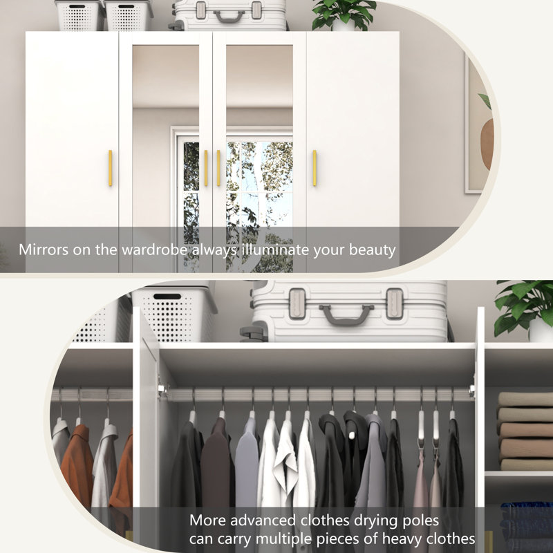 White 4-Door Wooden Wardrobe Closet with Mirrors and LED Lights