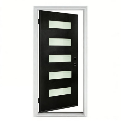 Porte d'entrée amovible de 36 po x 80 po en fibre de verre noire, de style moderne, convenant aux portes d'entrée résidentielles, charnière à droite, ouverture vers l'intérieur, avec cadre de porte en vinyle blanc