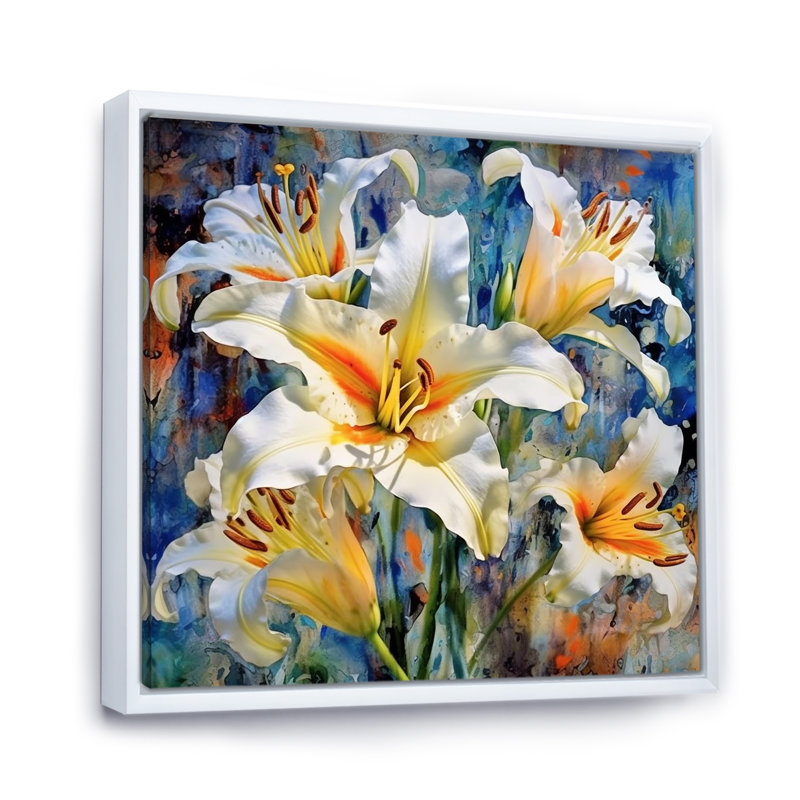 «White and Yellow Elegant Lily P pureté I» sur toile imprimée, Cadre flottant blanc, H 16 po x l 16 po x P 1 po