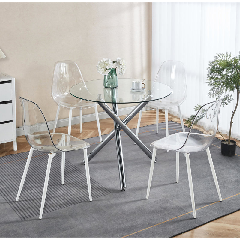 Table de salle à manger élégante avec verre trempé lisse et structure robuste en métal, Chrome
