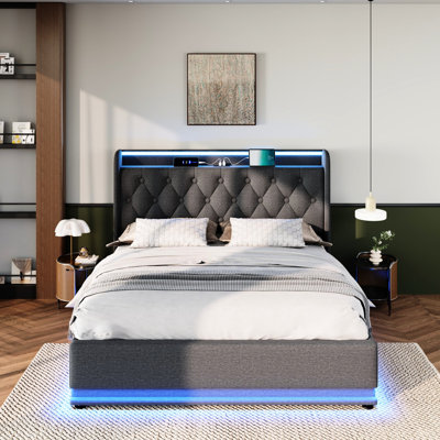 Lit tapissier pour grand lit avec éclairage à DEL sur 360 °, rangement hydraulique, charge en C, tissu en lin gris avec DEL, type C,
