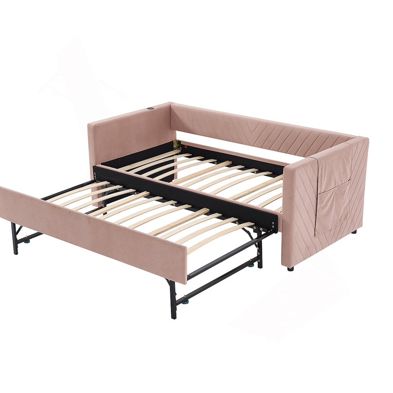 Twin Size Upholstered Daybed with Trundle,USB Port ,Side Pockets, Modern V-grained backrest Design,No Box Spring Needed, for Bedroom, Guest Room ( Pink, Twin)