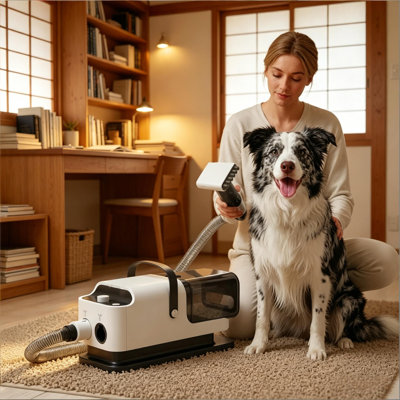 5-in-1 Pet Grooming Vacuum and Dryer with Adjustable Speed and Temperature, 14.8" L x 6.9" W x 7.3" H, ABS Home Pet Grooming Unit for Dogs and Cats, Gray and White, 1 Piece