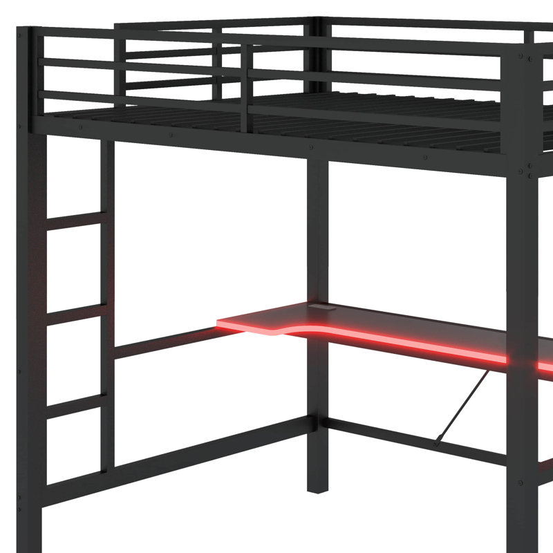 Structure de lit mezzanine en métal avec bureau et lumière DEL Gaming, Black, Lit double