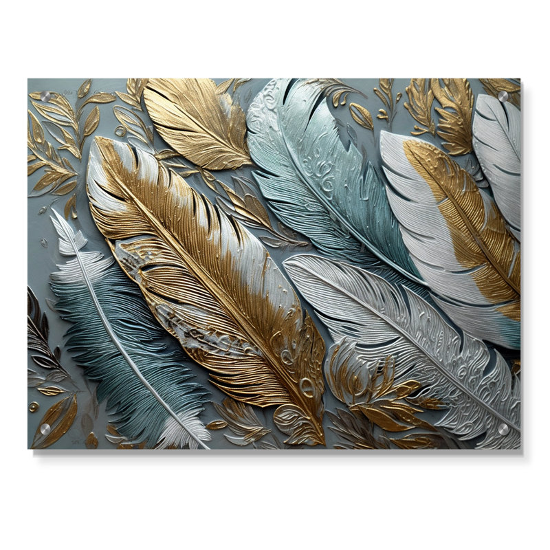 Plumes dorées dorées V - art mural moderne en plumes glamour, H 12 po x l 20 po