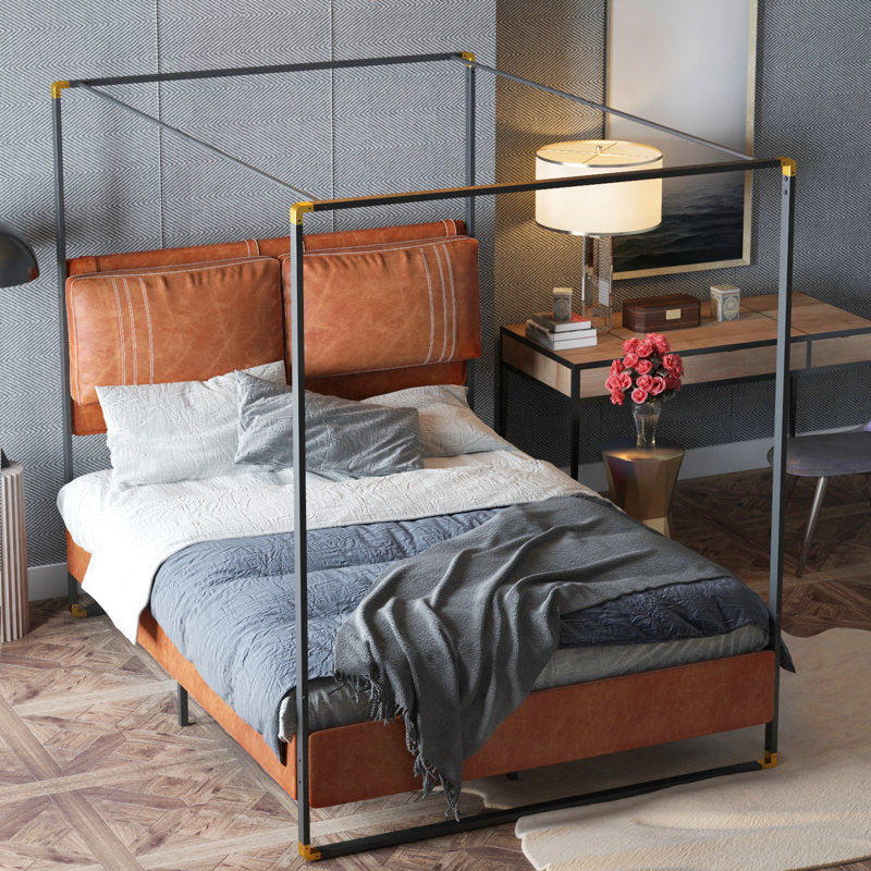 Upholstered Metal Canopy Bed, Full, Brown