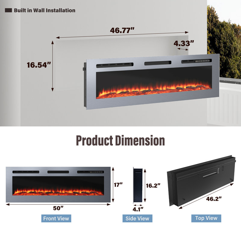 Wall Mounted & Recessed Electric Fireplace With 12 Flame Colours, 17" H x 50" W x 8.11" D