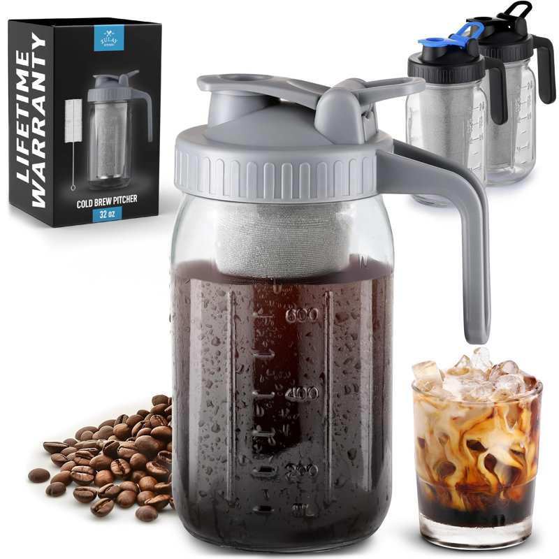Zulay 32oz Cold Brew Maker - Mason Jar Glass, Leak-Proof Lid, Fine-Mesh Stainless Steel Filter, Gray, 4 Cups