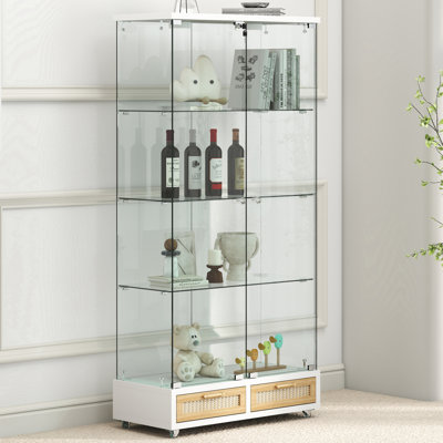 Vitrine moderne en verre avec grands tiroirs, armoire antique à assemblage rapide avec lumières DEL, bibliothèque en verre Empered, armoire de rangement à 2 portes avec 4 tablettes pour le salon et la chambre à coucher, blanc et naturel