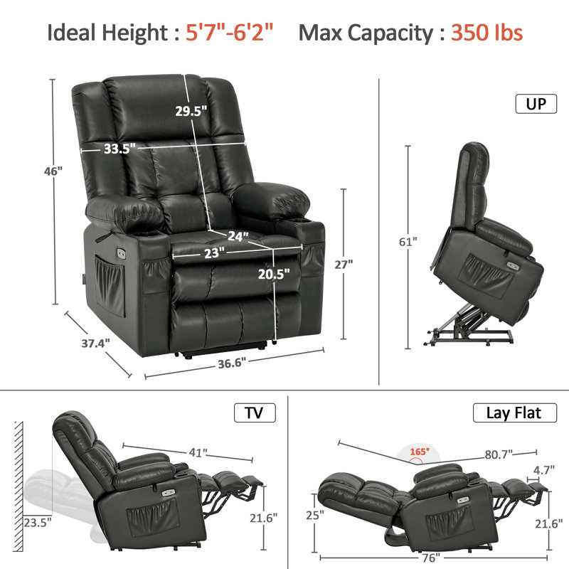 Large Dual Motor Power Lift Recliner Infinite Position with Massage and Heat for Tall People, Gray
