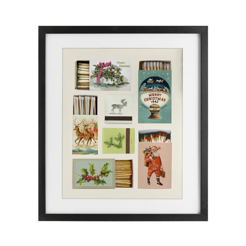 Reproduction sous verre rétro encadrée de boîtes d'allumettes de Noël, design par Victoria Barnes, H 16 po x l 13 po