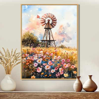 Moulin à vent, maison de campagne, toile de champ de fleurs sauvages, moulin à vent de campagne dans un champ de fleurs sauvages