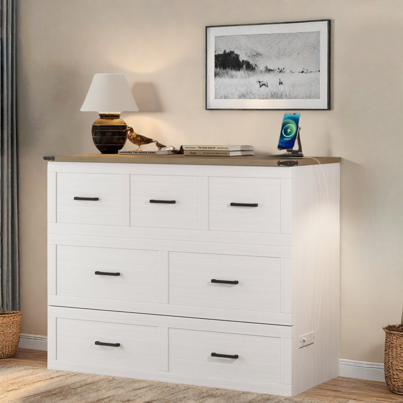 Multi-functional Foldable Murphy Bed  With Charging Station And 1 Large Storage Drawer, White, Full
