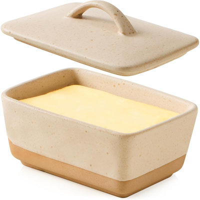 Vintage European Ceramic Butter Dish with Airtight Lid, Rustic Covered Butter Keeper for Kitchen Counter & Dining Table