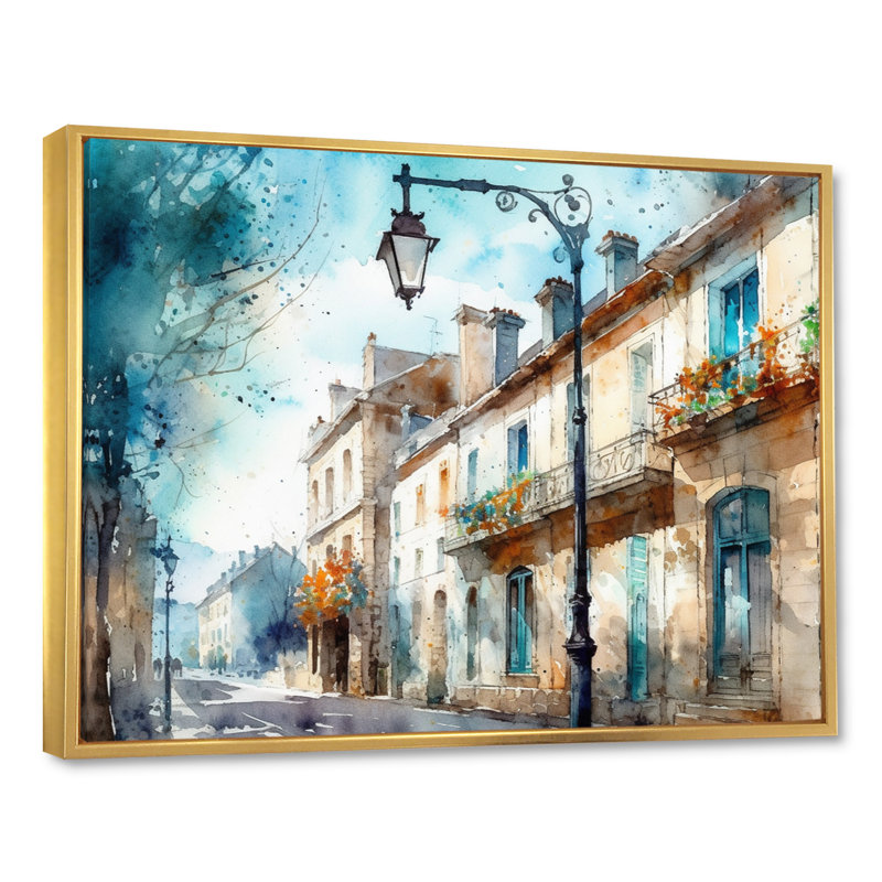 Art mural bleu et beige, petite ville française - ville, Cadre flottant doré, H 24 po x l 32 po x P 1 po