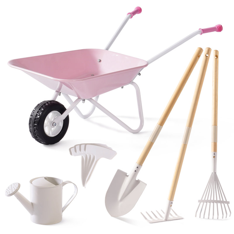 Kids Wheelbarrow With Gardening Tools Set-9pcs Metal, Rose