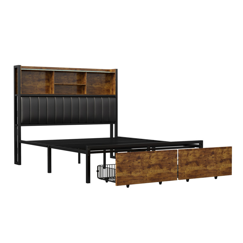 Industrial Metal Storage Bed With Bookcase Headboard & Charging Station (USB/Type-C), 140X200cm European Double / 160X200cm King, Rustic Brown & Black PU Frame With LED & 2 Drawers