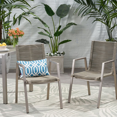 Outdoor Modern Aluminum Dining Chair With Rope Seat (Set Of 2), Silver And Taupe