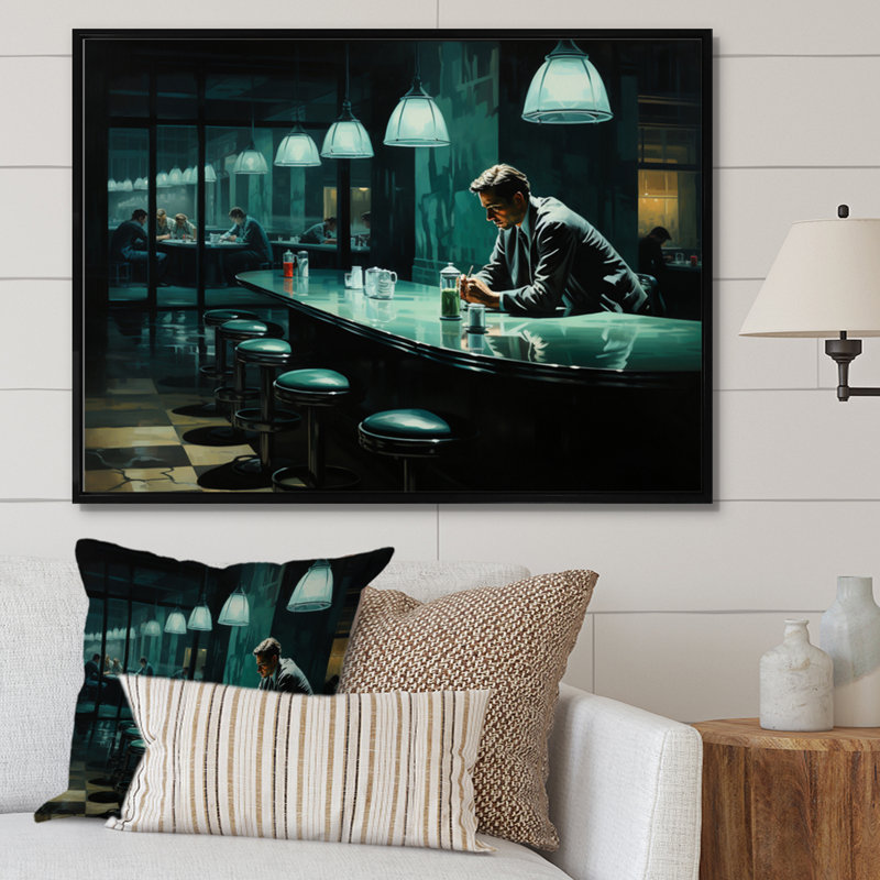 «Mastereuvre Nighthawks» par Edward II - art mural sur toile, 16" H x 32" W, Silver Picture Framed