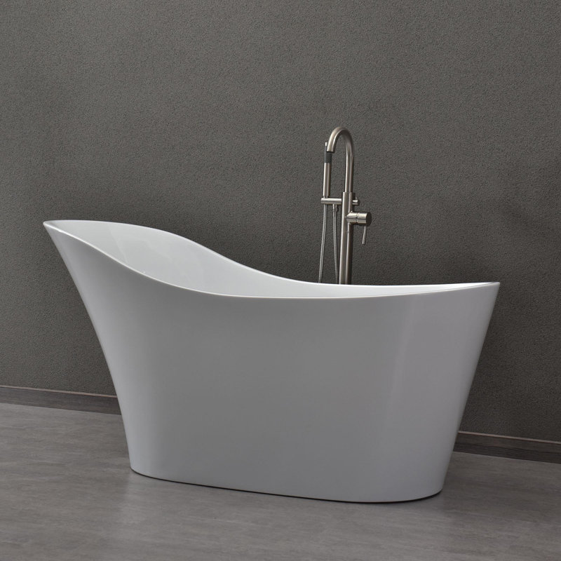 59" x 28" Freestanding Soaking Acrylic Bathtub with Reversible Drain, White/Brushed Nickel