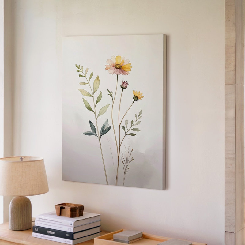 Une délicate illustration botanique montrant un arrangement simple de fleurs sauvages sur une toile murale simple de qualité supérieure, prête à être accrochée