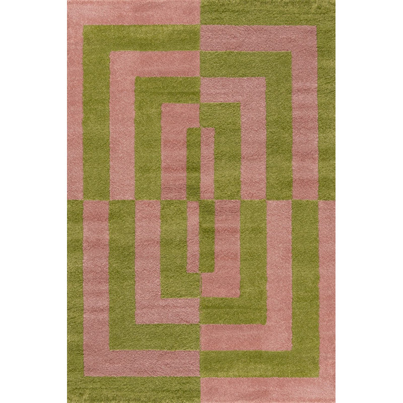 Joli Geometric Area Rug Soft Dense Pile for Living Rooms and Bedrooms, Rectangle 80 x 150 cm, Green/Pink