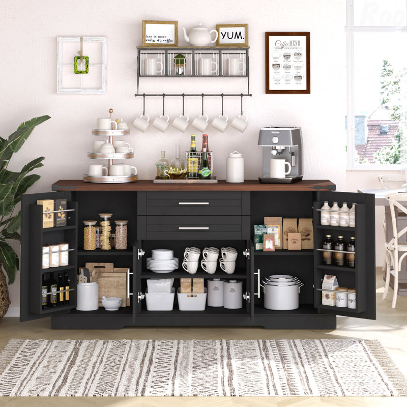 Armoire de rangement 63 "à porte de grange 63" - 2 tiroirs, support de porte, tablettes réglables, grand buffet café, Noir